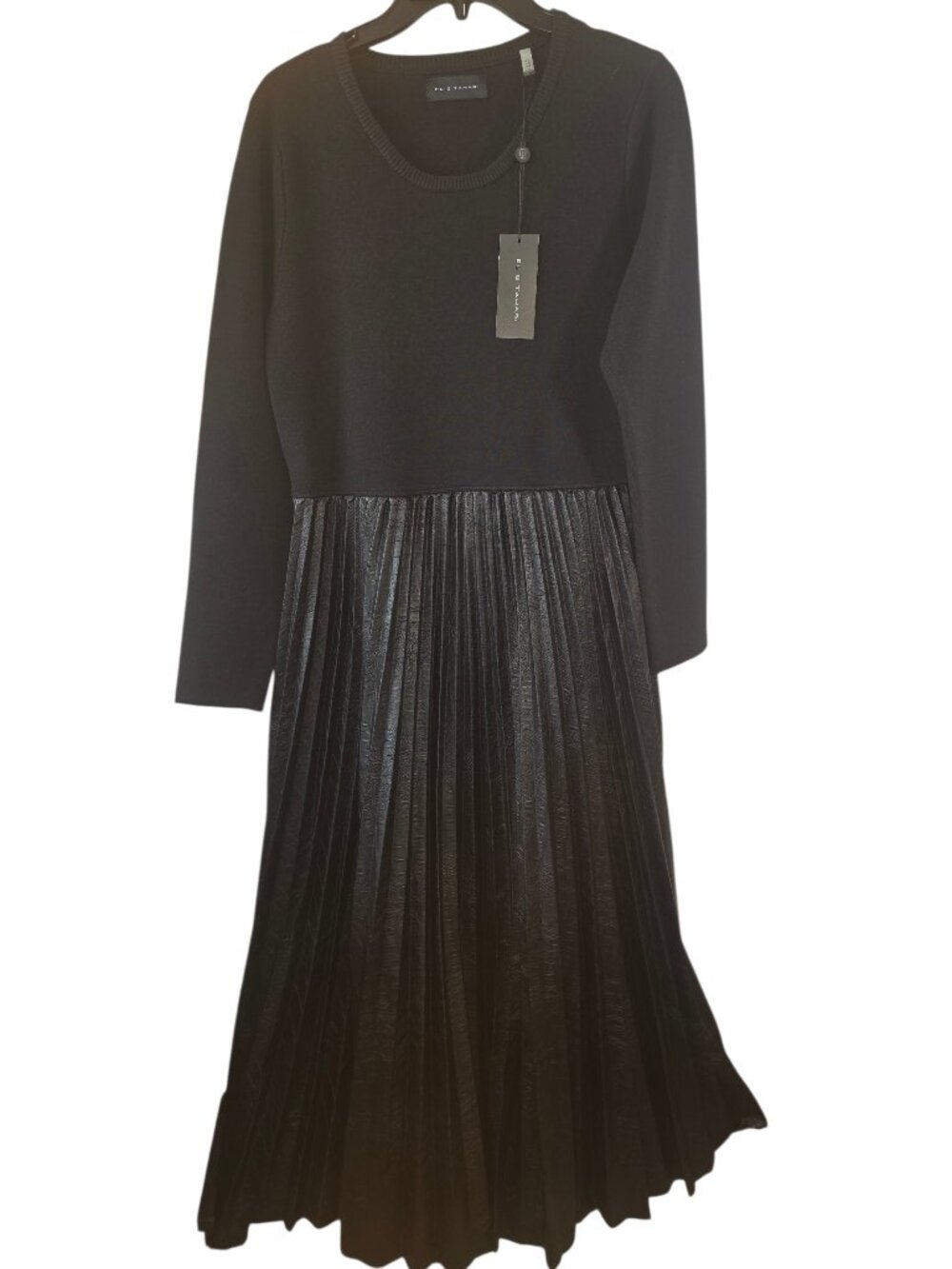 Eli Tahari Pleated Faux Leather Midi Dress